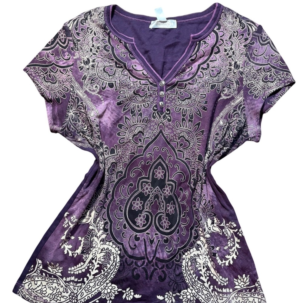 Y2K Mcbling Purple Paisley Rhinestone Henley Top Short Sleeve Cotton Womens L